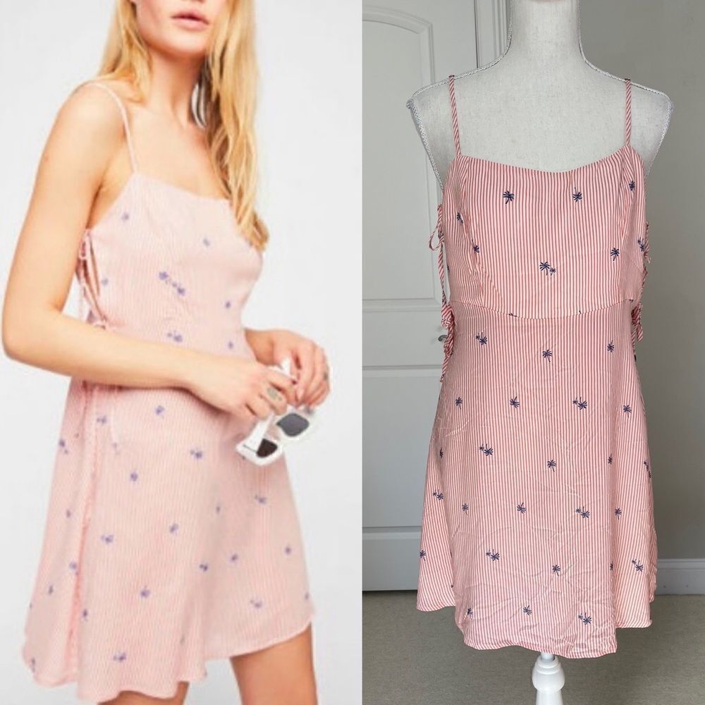 NWT Free People Garden Grove Pink and White Striped Palm Tree Print Slip Dress